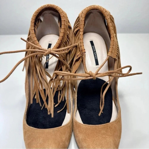 Zara Womens 38 Suede Leather Fringe Cowgirl Heel  Shoes - Picture 6 of 14